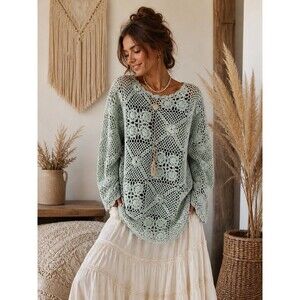 NWT  A M Collection Handknit Crochet Ramie Cotton Blouse Sweater Sage Green M